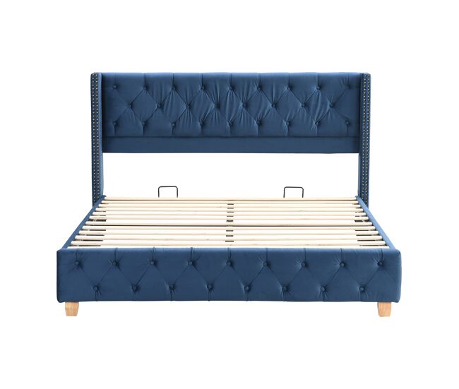 Cama de adulto estofada em veludo - 160x200 cm - com estrado de molas - azul