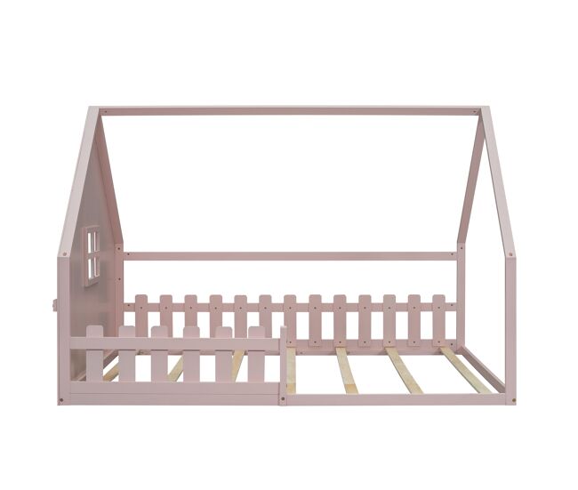 Cama de cabana para crianças 140x200 cm - forma de cabana - madeira de pinho e mdf - rosa