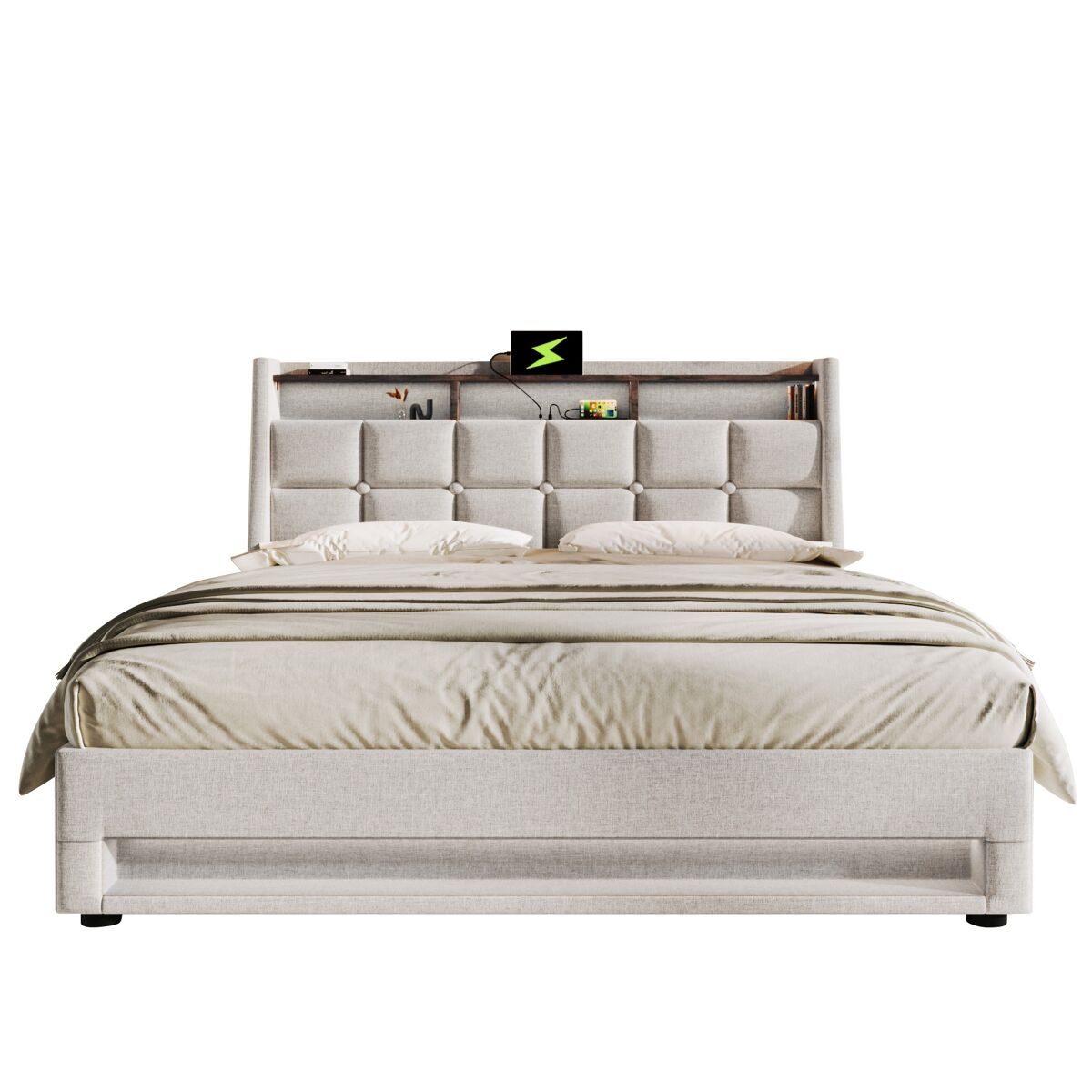 Cama de casal de linho 180x200cm com armazenamento,luz led,bege
