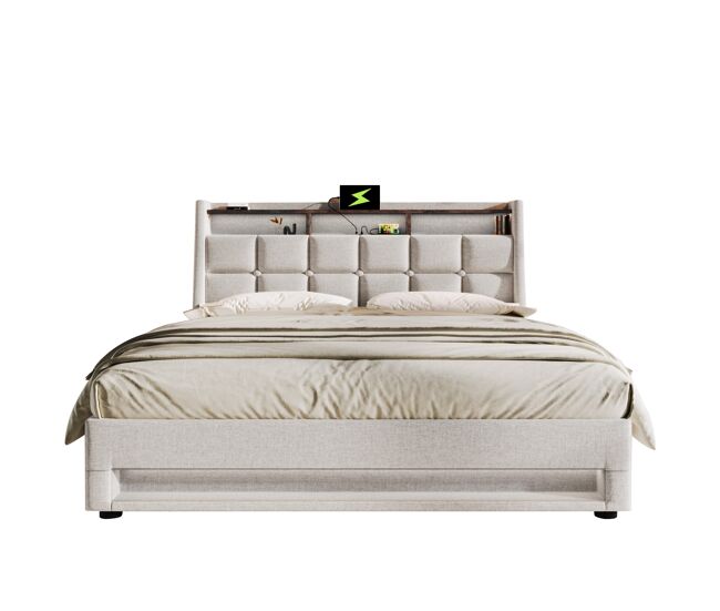Cama de casal de linho 180x200cm com armazenamento,luz led,bege