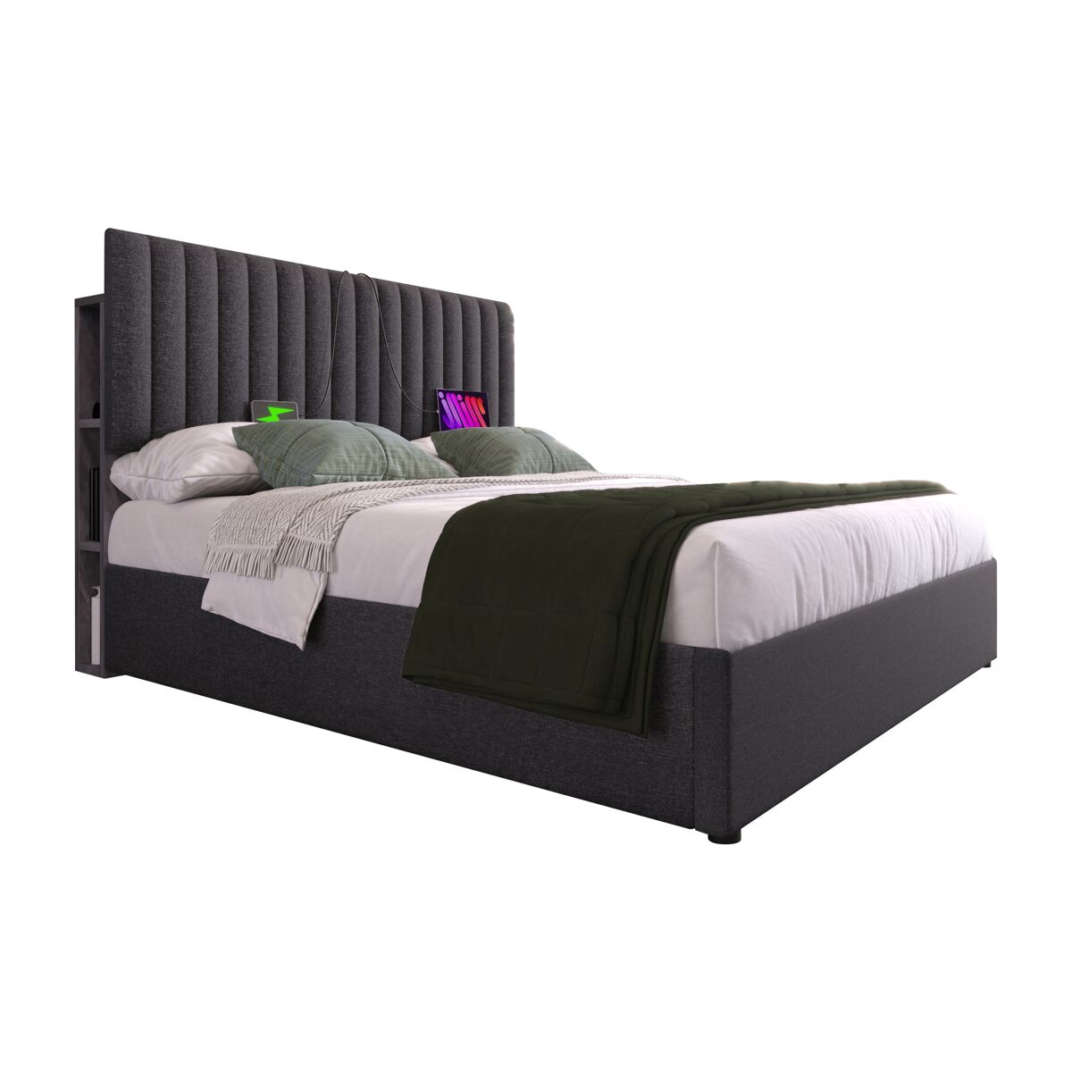 Cama de casal de linho 160x200cm com armazenamento,luz led,cinzento