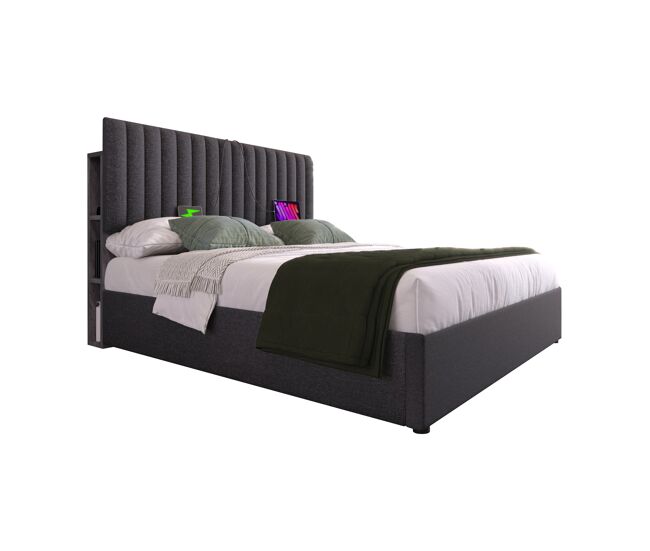 Cama de casal de linho 160x200cm com armazenamento,luz led,cinzento
