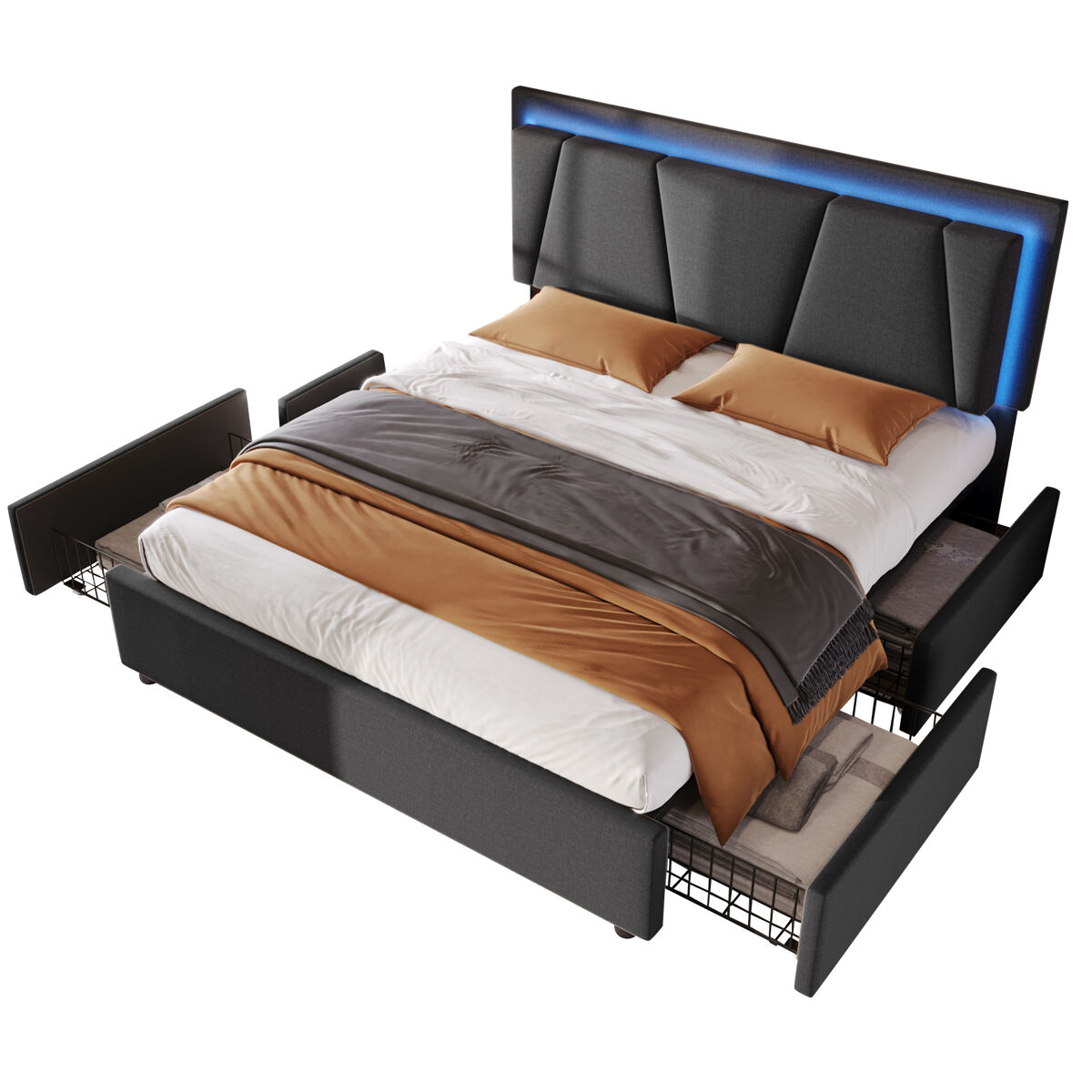Cama de casal de madeira maciça 160x200cm com 4 gavetas,luz led,cinzento