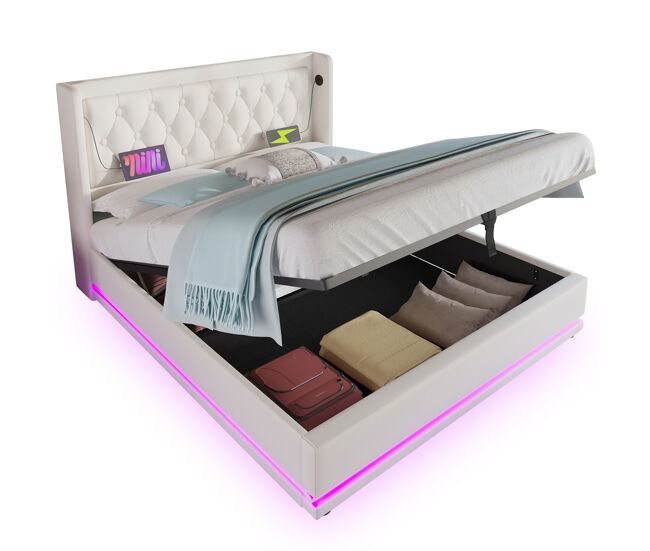 Cama de casal de pu 160x200cm com armazenamento,luz led,branco