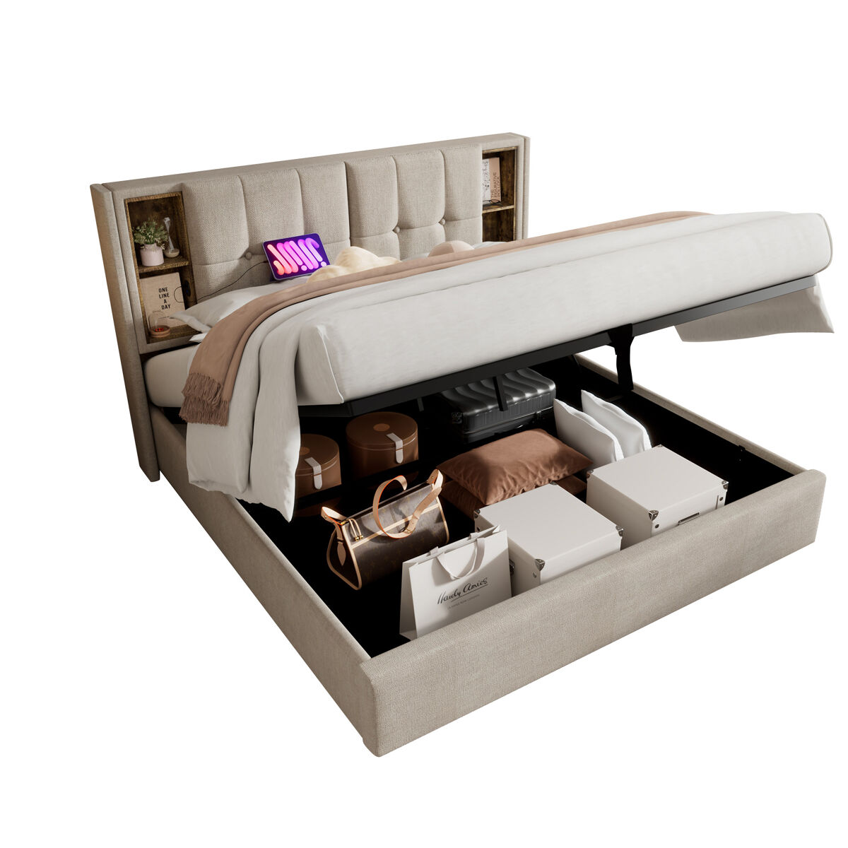 Cama de casal de linho 140x200cm com armazenamento,natural
