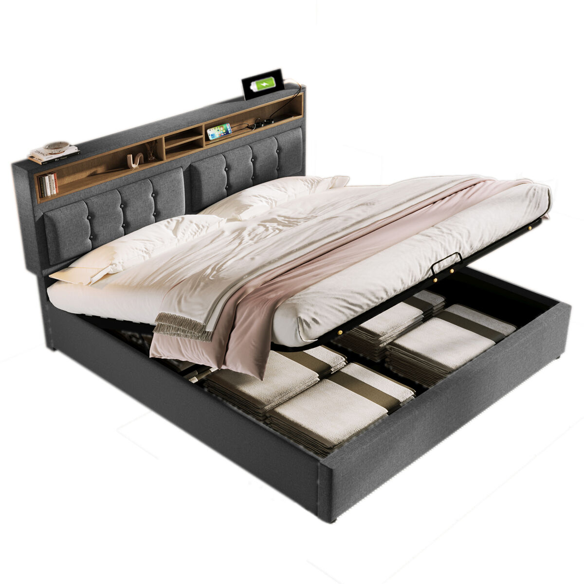 Cama de casal de linho 160x200cm com armazenamento,cinzento
