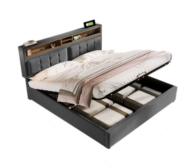 Cama de casal de linho 160x200cm com armazenamento,cinzento