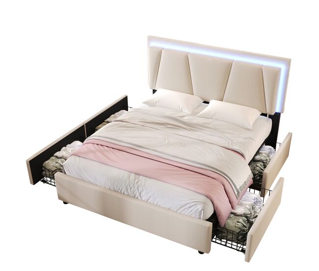 Cama de casal de madeira maciça 160x200cm com 4 gavetas,luz led,bege