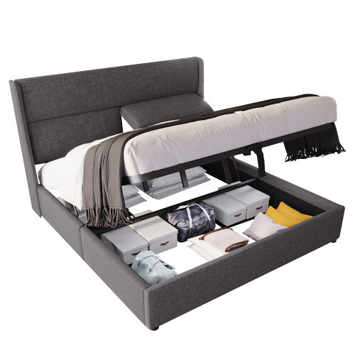 Cama de casal de linho 180x200cm com armazenamento,cinzento