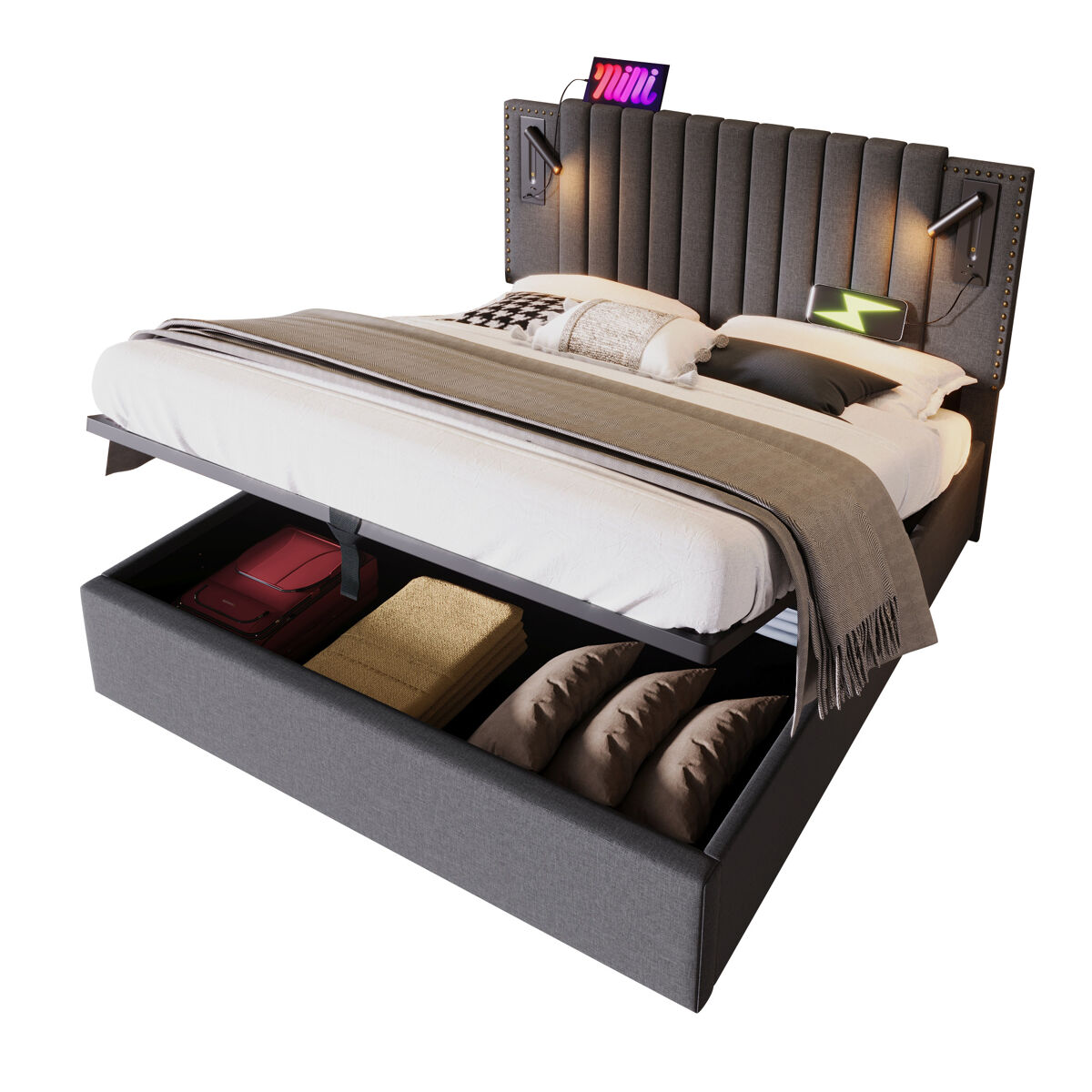 Cama de casal de algodão 160x200cm com armazenamento,cinzento