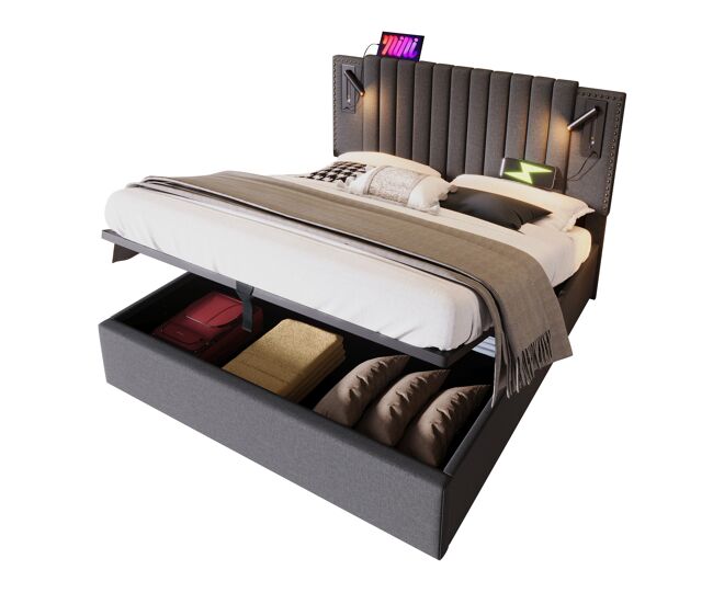 Cama de casal de algodão 160x200cm com armazenamento,cinzento