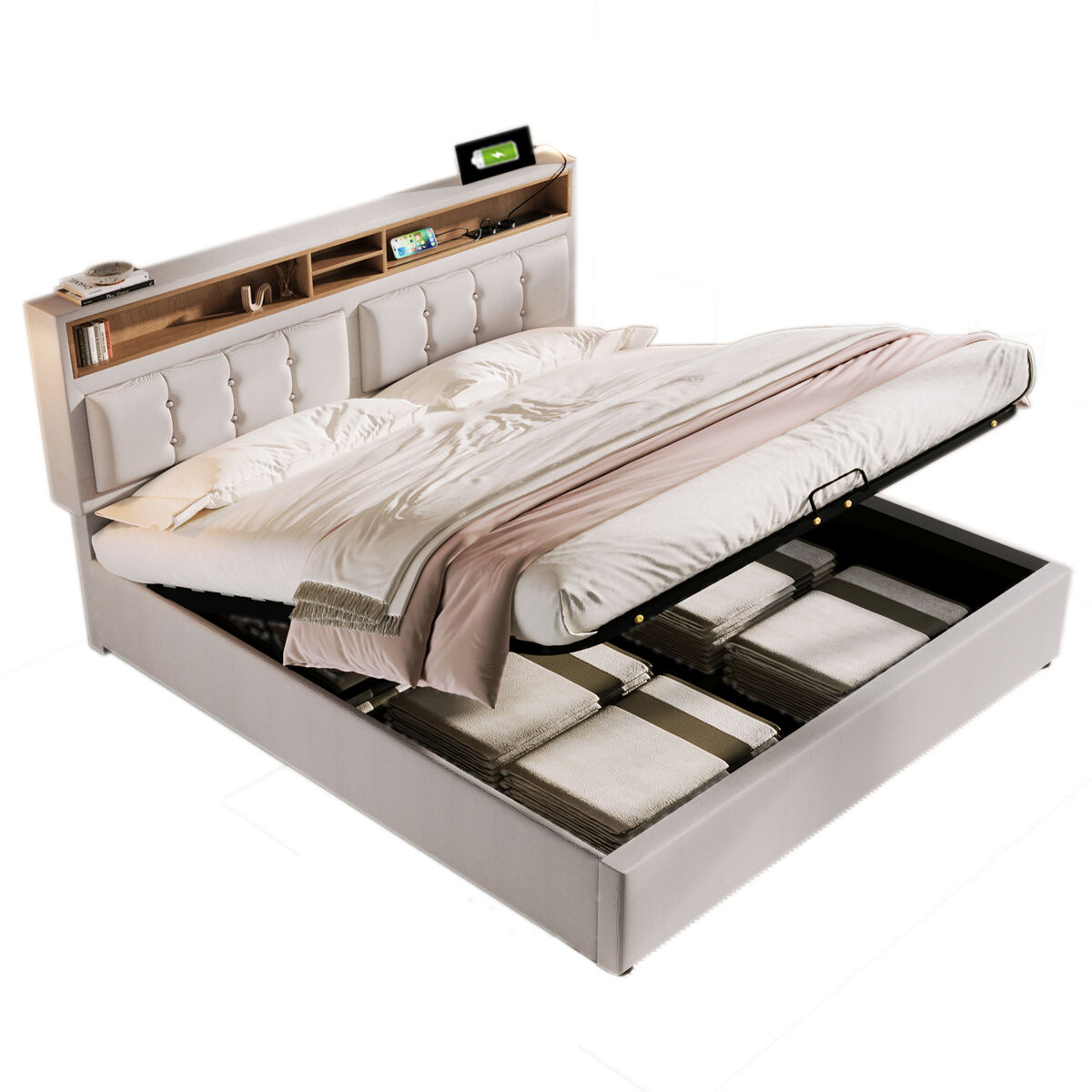 Cama de casal de linho 140x200cm com armazenamento,bege