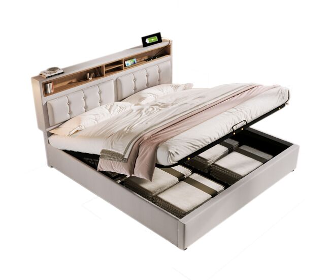 Cama de casal de linho 140x200cm com armazenamento,bege