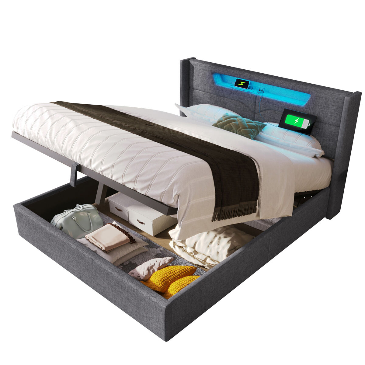 Cama de casal de linho 140x200cm com armazenamento,luz led,cinzento