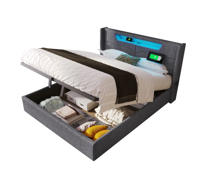 Cama de casal de linho 140x200cm com armazenamento,luz led,cinzento