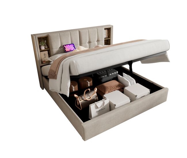 Cama de casal de linho 160x200cm com armazenamento,natural