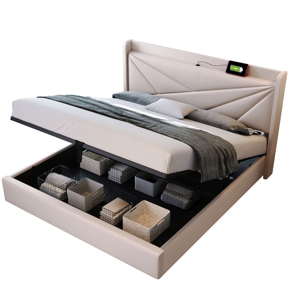 Cama de casal de linho 140x200cm com armazenamento,bege