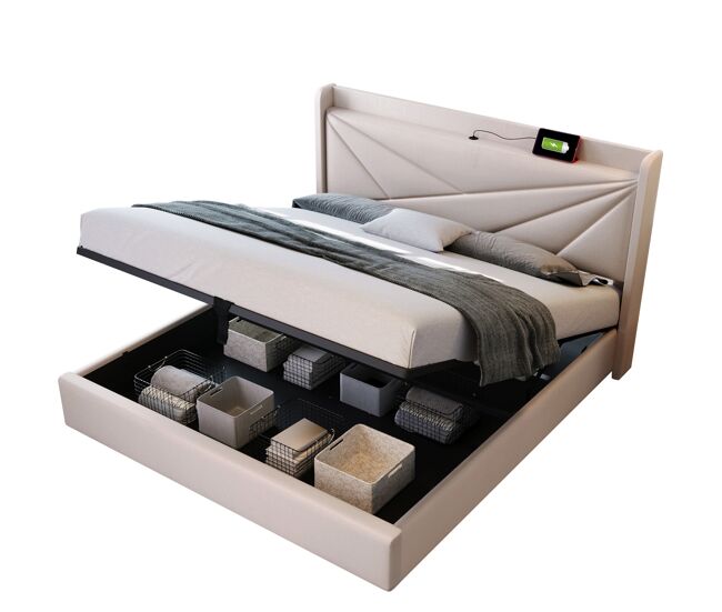 Cama de casal de linho 140x200cm com armazenamento,bege