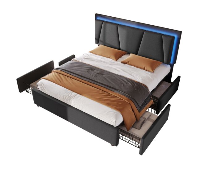 Cama de casal de madeira maciça 140x200cm com 4 gavetas,luz led,cinzento