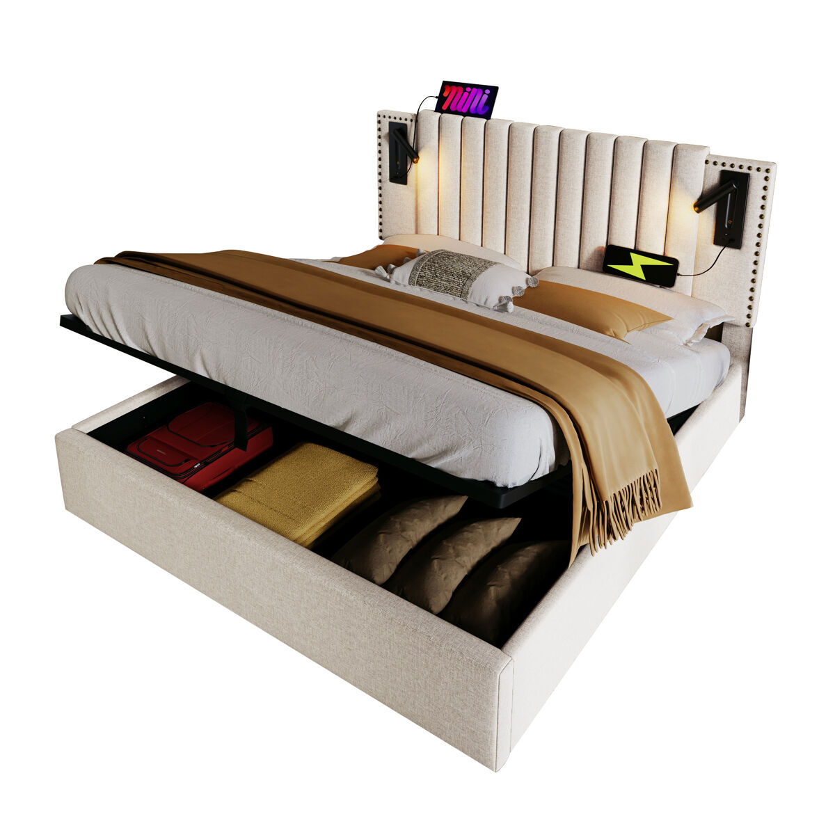 Cama de casal de algodão 180x200cm com armazenamento,bege