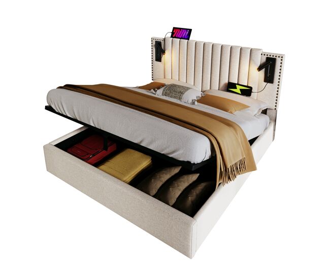Cama de casal de algodão 180x200cm com armazenamento,bege