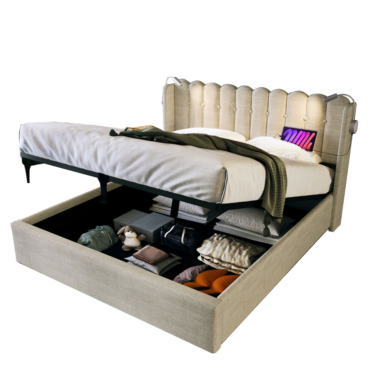 Cama de casal de linho 160x200cm com armazenamento,bege