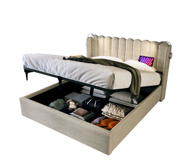Cama de casal de linho 160x200cm com armazenamento,bege
