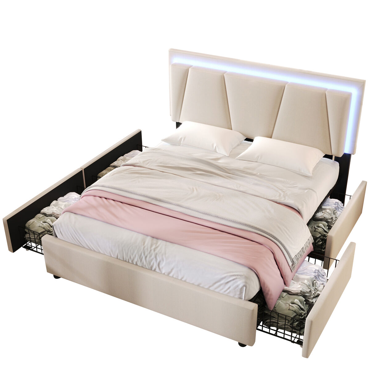 Cama de casal de madeira maciça 140x200cm com 4 gavetas,luz led,bege