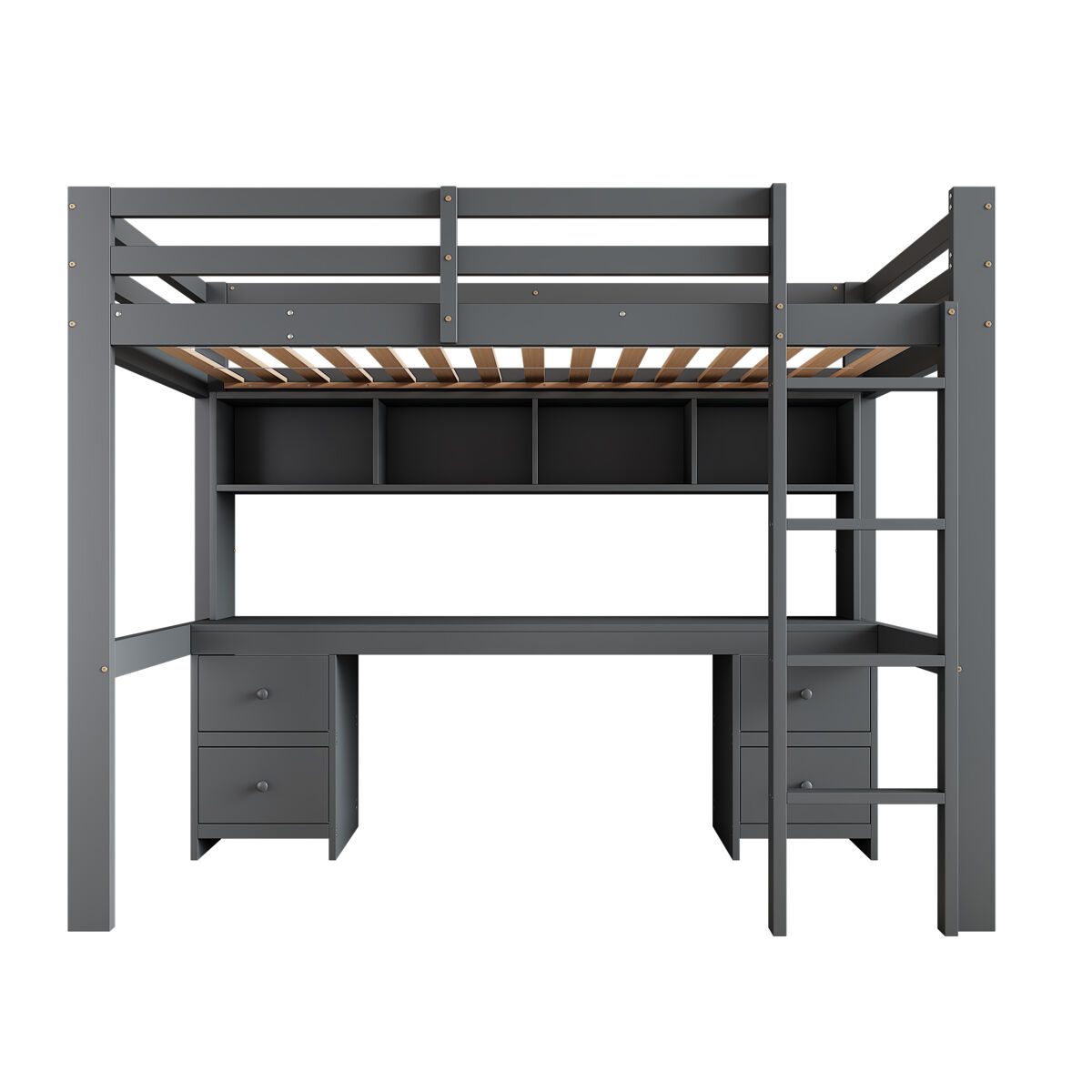 Cama mezzanine 90x200 cm - com secretária e 2 cómodas - pinho maciço e mdf - cinzento