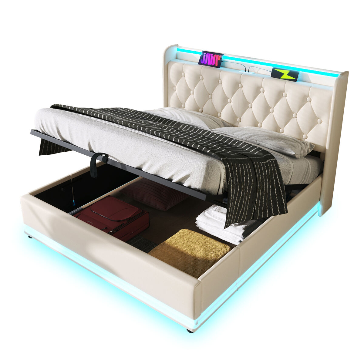 Cama de casal de pu 160x200cm com armazenamento,luz led,branco