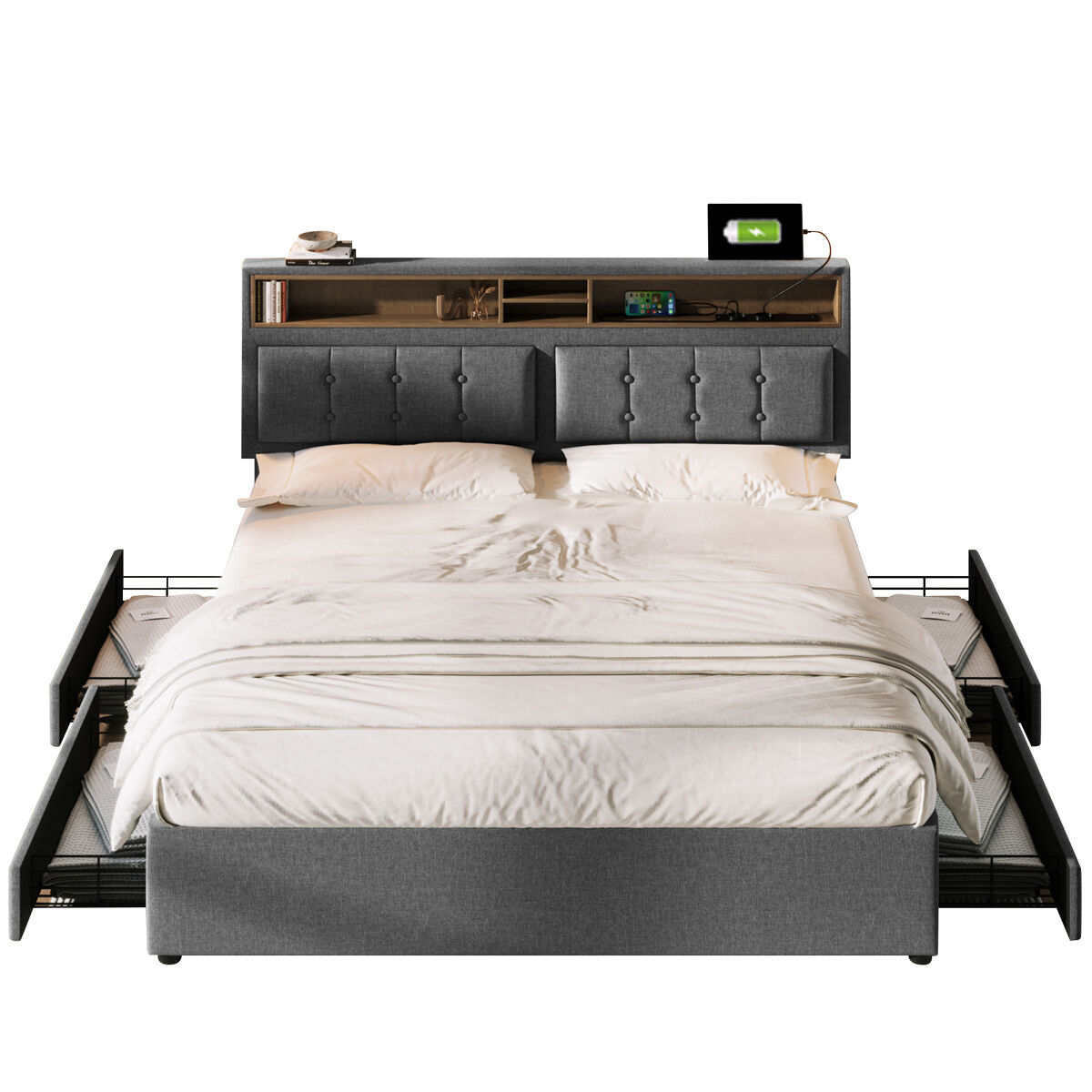 Cama de casal de linho 140x200cm com 4 gavetas,cinzento
