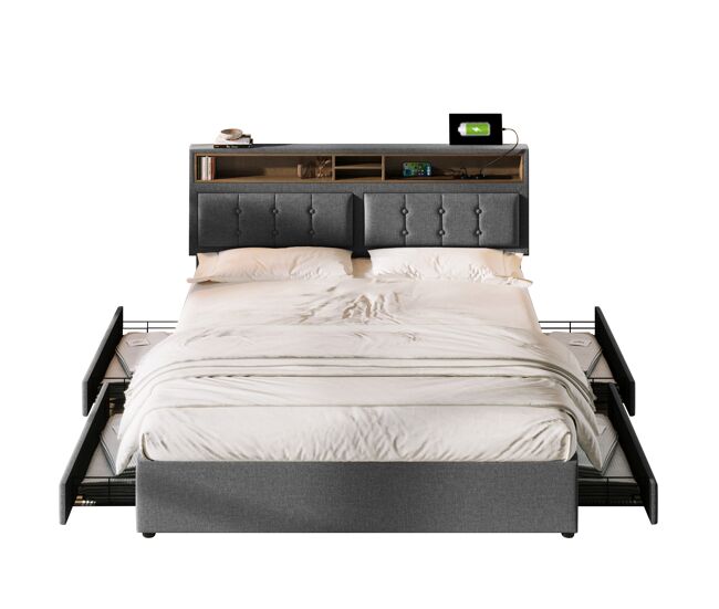 Cama de casal de linho 140x200cm com 4 gavetas,cinzento