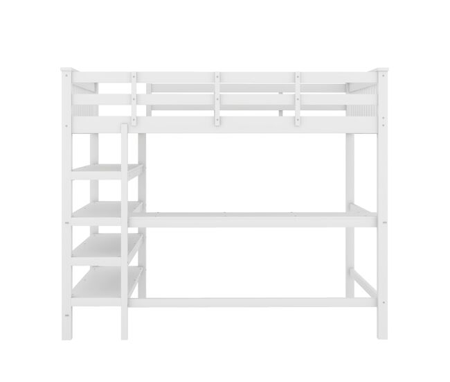 Cama alta em pinho maciço 140x200 cm com secretária e prateleira de arrumação - branco