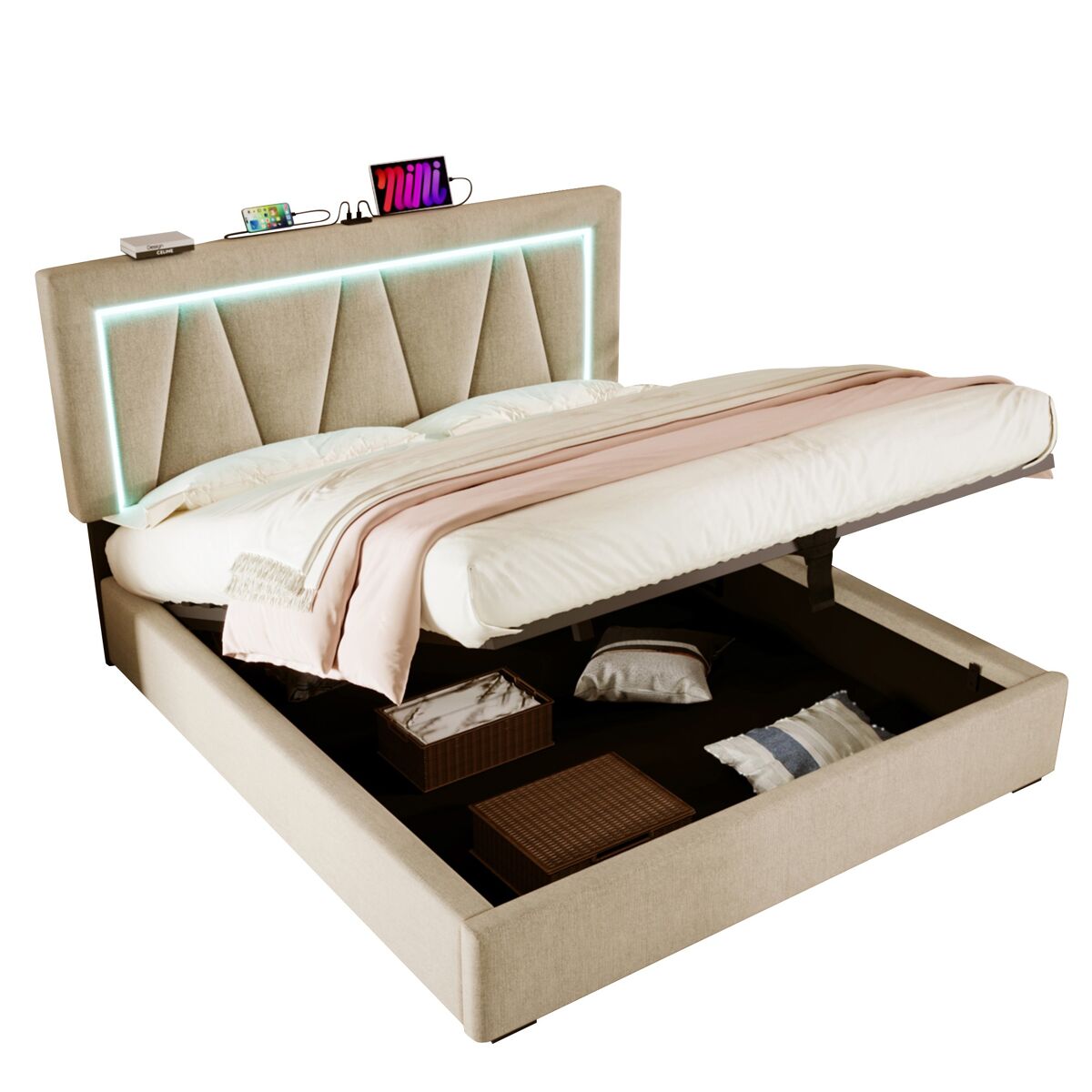 Cama de casal de linho 140x200cm com armazenamento,luz led,bege