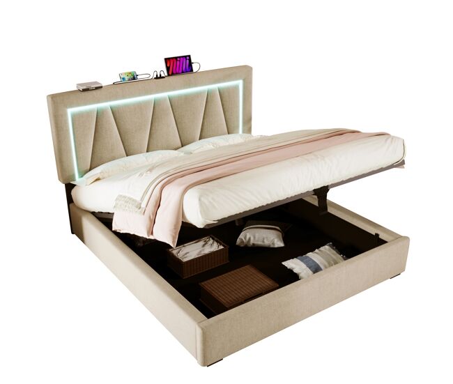 Cama de casal de linho 140x200cm com armazenamento,luz led,bege