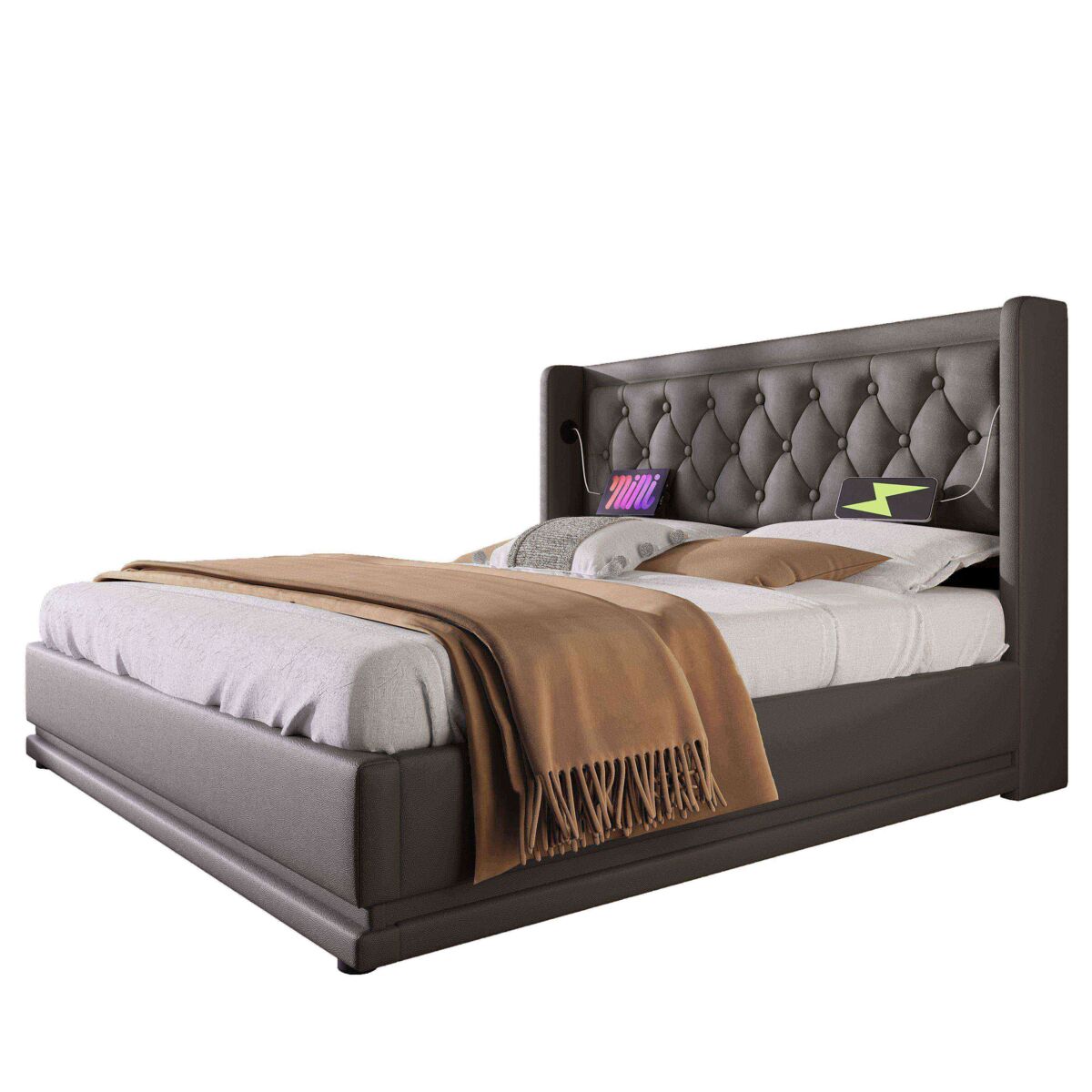 Cama de casal de pu 160x200cm com armazenamento,luz led,preto