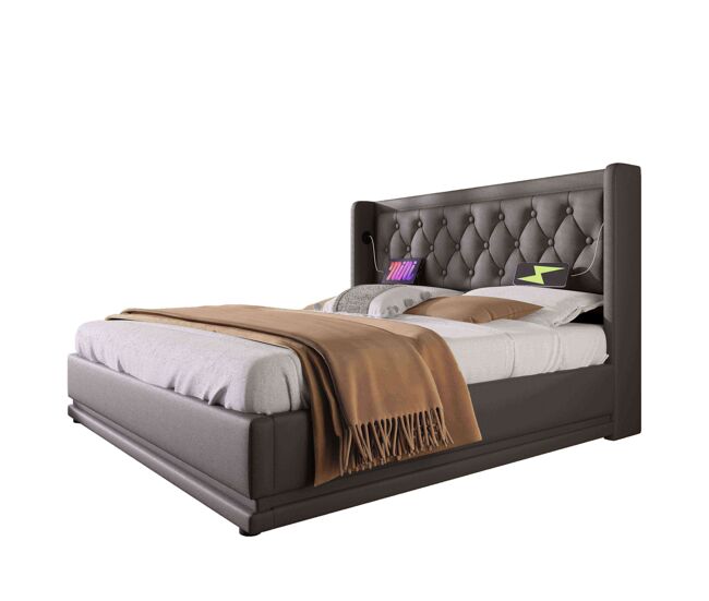 Cama de casal de pu 160x200cm com armazenamento,luz led,preto