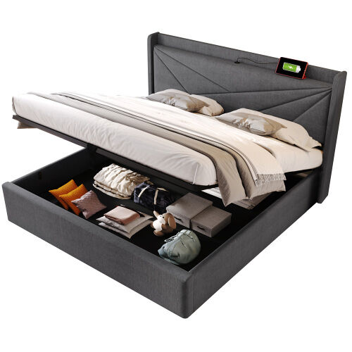 Cama de casal de linho 180x200cm com armazenamento,cinzento