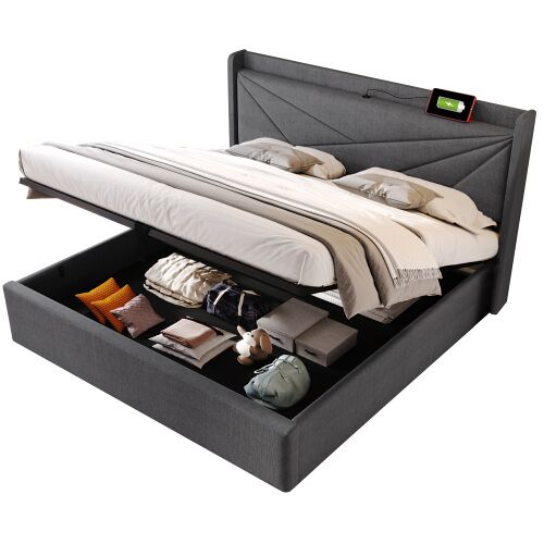 Cama de casal de linho 180x200cm com armazenamento,cinzento