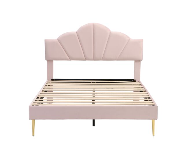 Cama de criança em veludo - 140x190cm - cabeceira em forma de concha - rosa