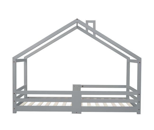 Cama de cabina com grelha de proteção - 90x200cm - madeira maciça - cinzento