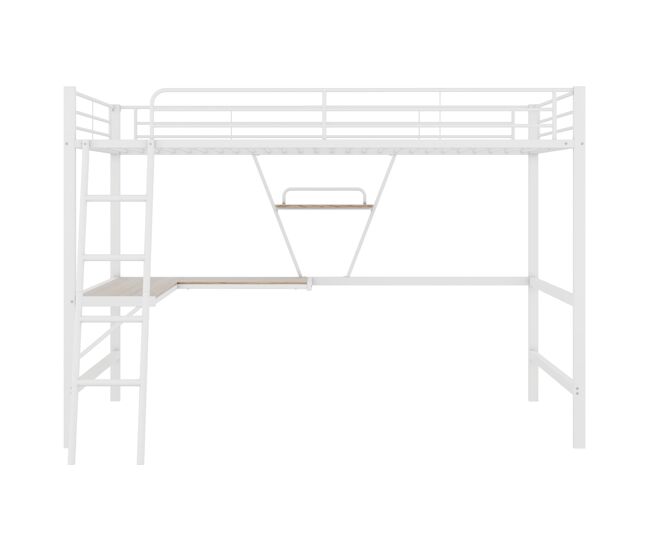 Cama mezzanine em ferro - 90x200 cm - com secretária de canto e prateleira - branco