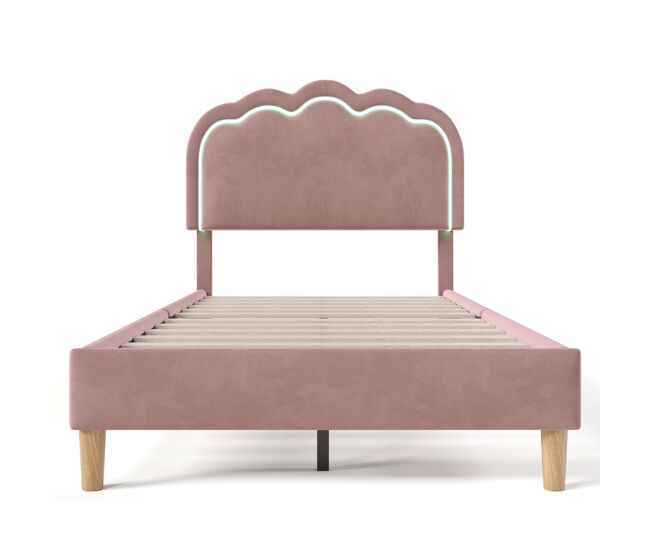 Cama estofada em veludo 90x190 - com led e estrado - rosa