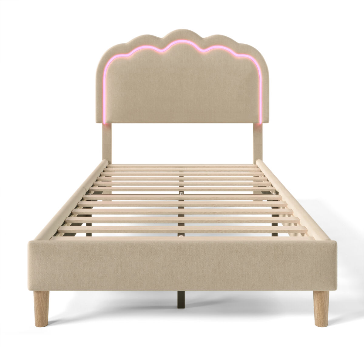 Cama estofada em linho 90x200 - com led e estrado - bege