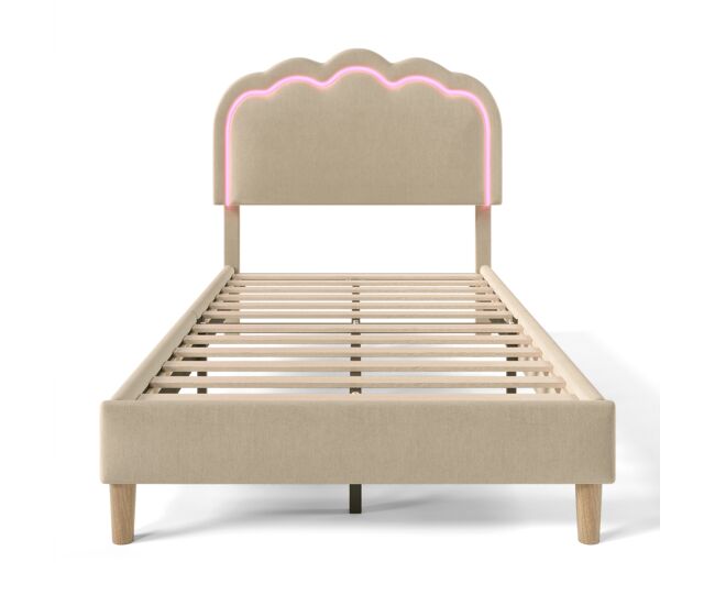 Cama estofada em linho 90x200 - com led e estrado - bege