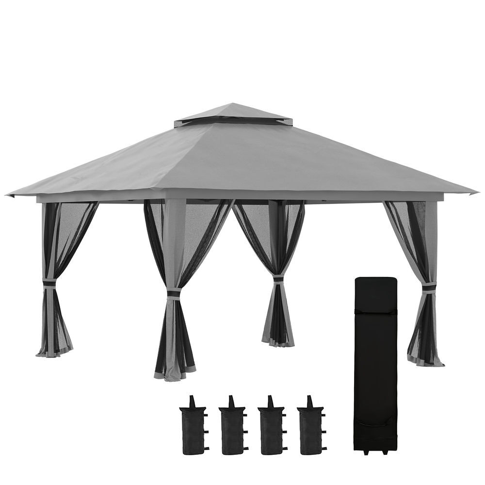 Outsunny tenda dobrável pop-up 3,92x3,92x2,83 m tenda de jardim com altura ajustável proteção uv50+ teto duplo rede mosquiteira e bolsa de transporte com rodas para festas campismo cinza e preto