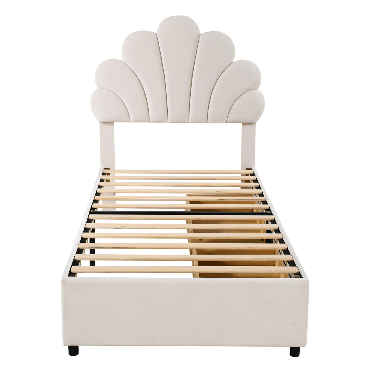 Cama individual estofada em veludo com 2 gavetas - 90x200cm - cabeceira em forma de flor - com estrado de molas - bege