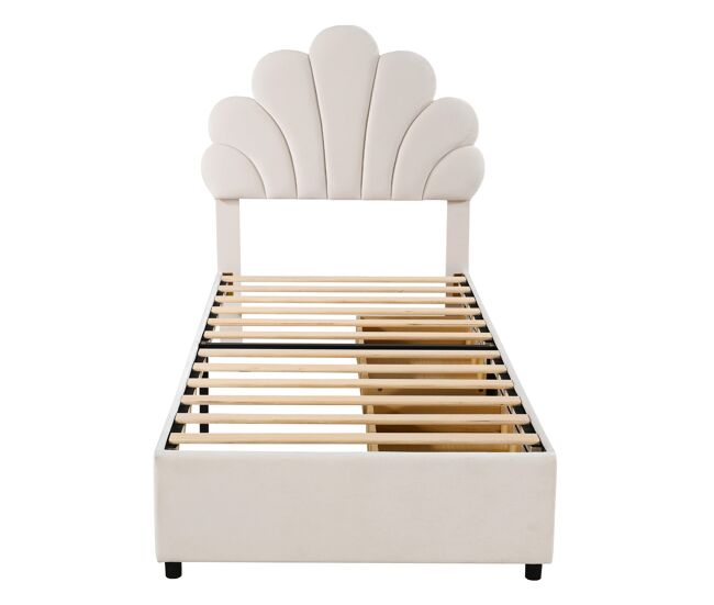 Cama individual estofada em veludo com 2 gavetas - 90x200cm - cabeceira em forma de flor - com estrado de molas - bege