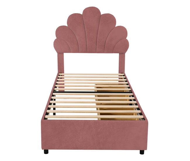 Cama individual estofada em veludo com 2 gavetas - 90x200cm - cabeceira em forma de flor - com estrado de molas - vermelho