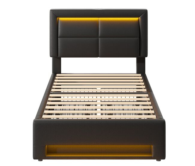 Cama em pele sintética com gavetas 90x200 cm - com led e portas de carregamento (com e sem fios) - preto